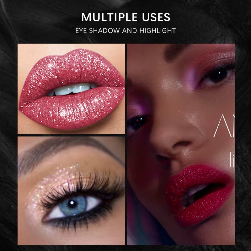 12 Colors Box Glitter Lip Gloss Set Lipstick Diamond Waterproof Long Lasting DIY Lipgloss Kit with Lip Tint for Halloween Makeup